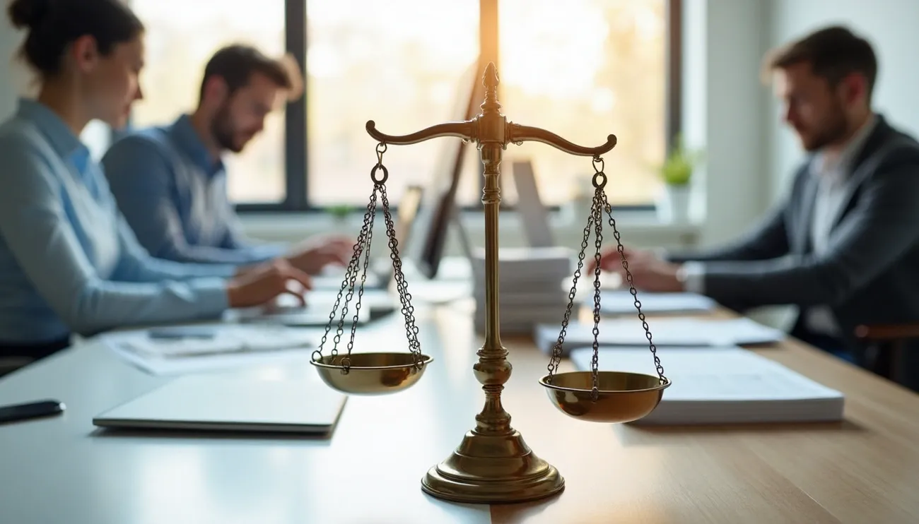 Antique balance scale on a desk with businesspeople working on laptops in the background symbolizing financial comparison.