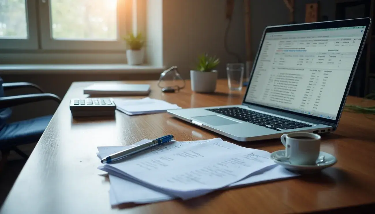 Laptop with accounting software, papers with notes, calculator, and coffee cup on a wooden desk near a window.