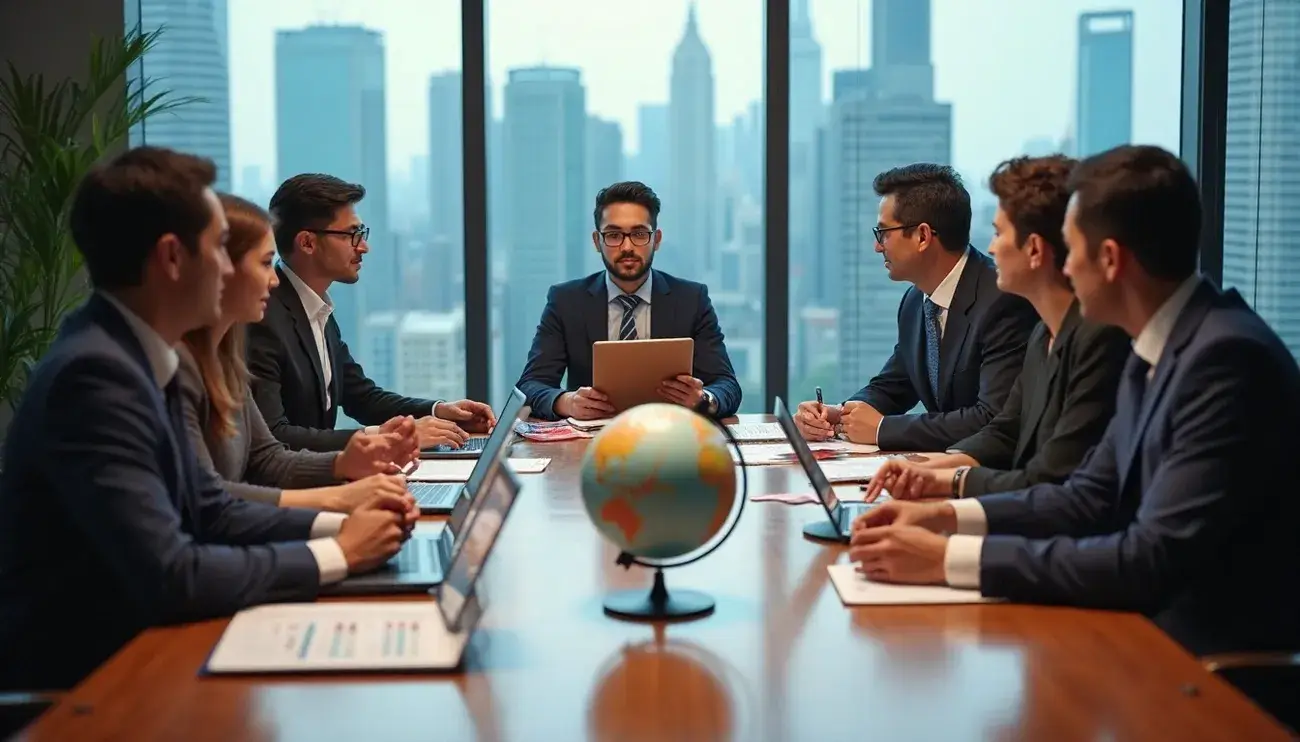 Business professionals in a boardroom meeting with laptops and a globe, overlooking a city skyline through large windows.