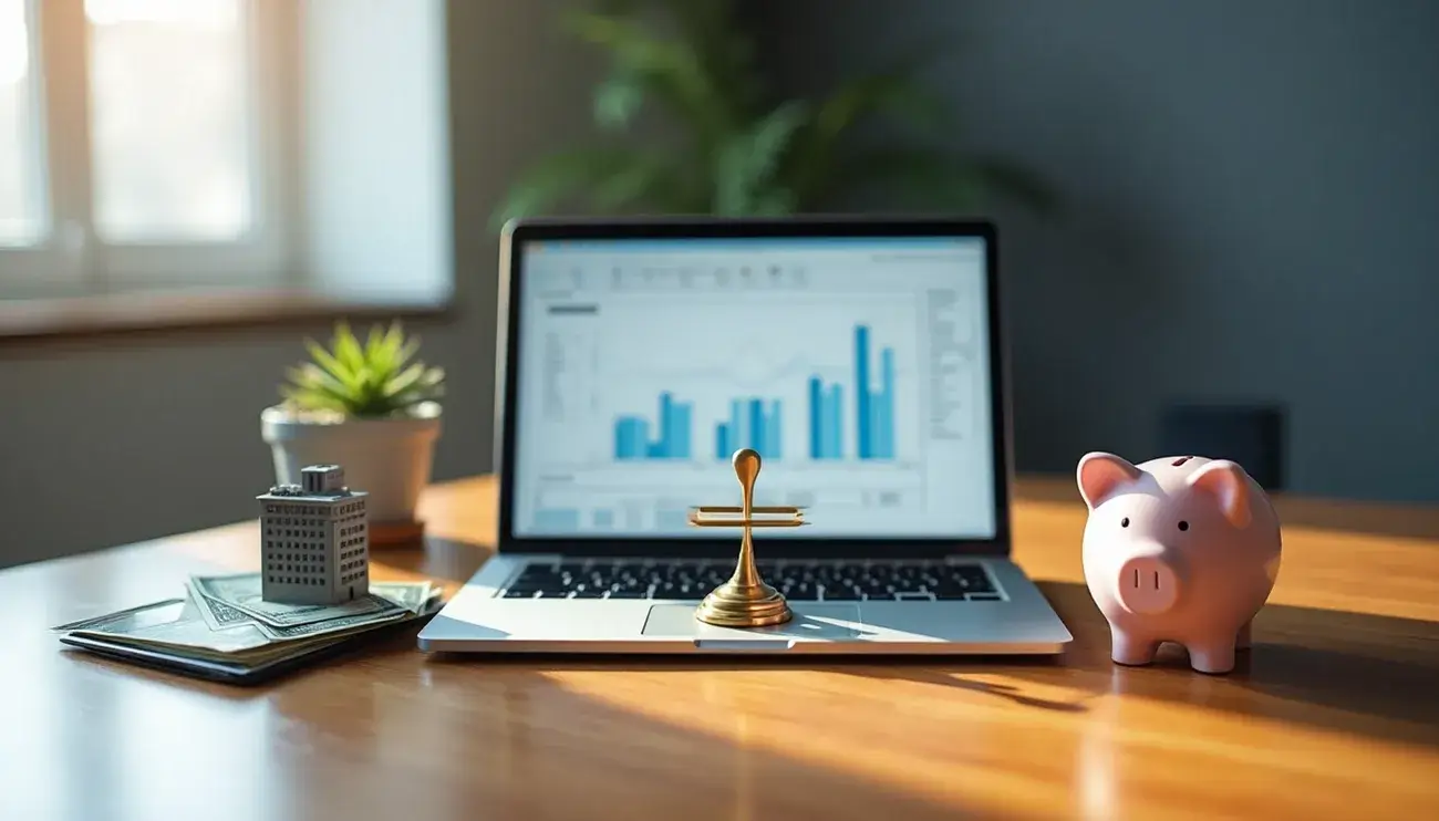 Laptop displaying financial charts with a balance scale, piggy bank, and model building on a wooden desk in sunlight.