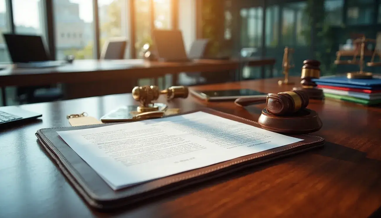 Legal documents, gavel, and scales of justice on a wooden desk in a bright office setting.