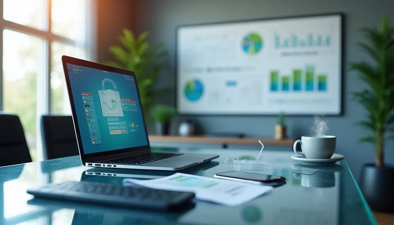 Laptop displaying email security on a glass desk in a modern office with charts and a coffee cup nearby.