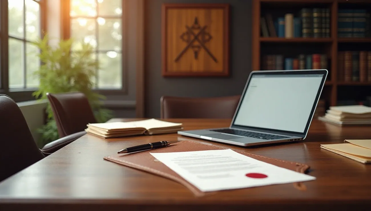 Desk with legal documents, pen, and laptop in a law office setting with bookshelves and sunlight through windows.