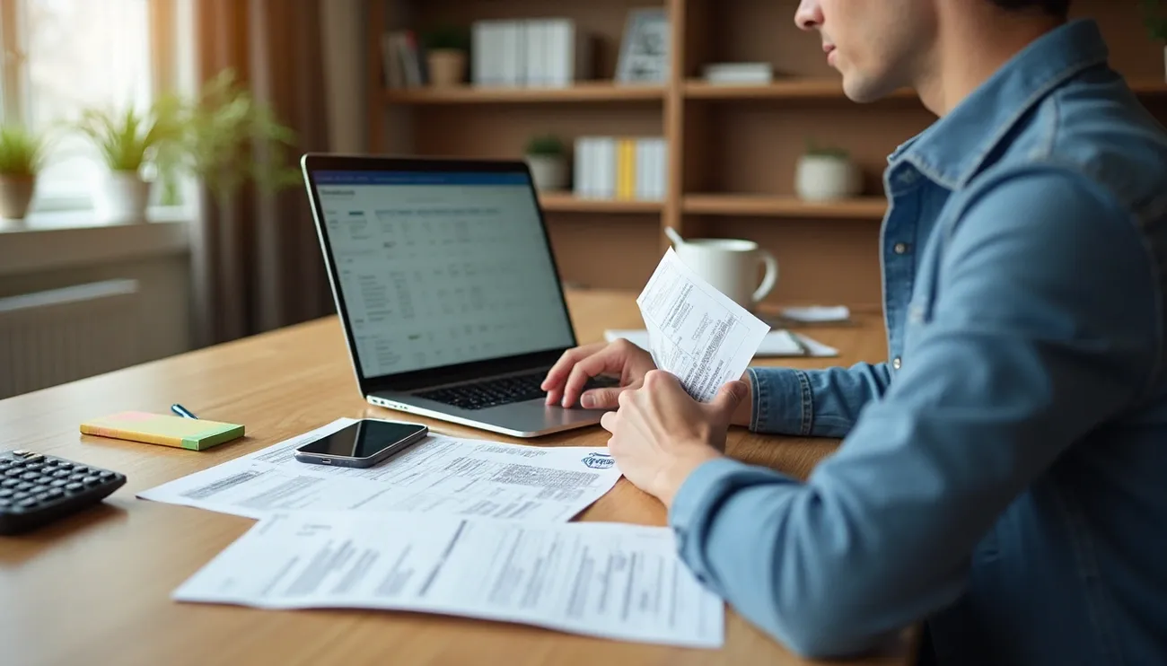 Small business owner reviewing bank statements and using a laptop for bank reconciliation at a wooden desk.