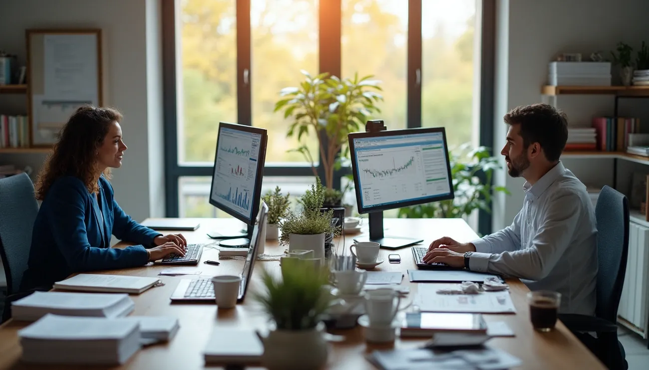 Two professionals working on computers with financial charts in a bright office surrounded by plants and documents.