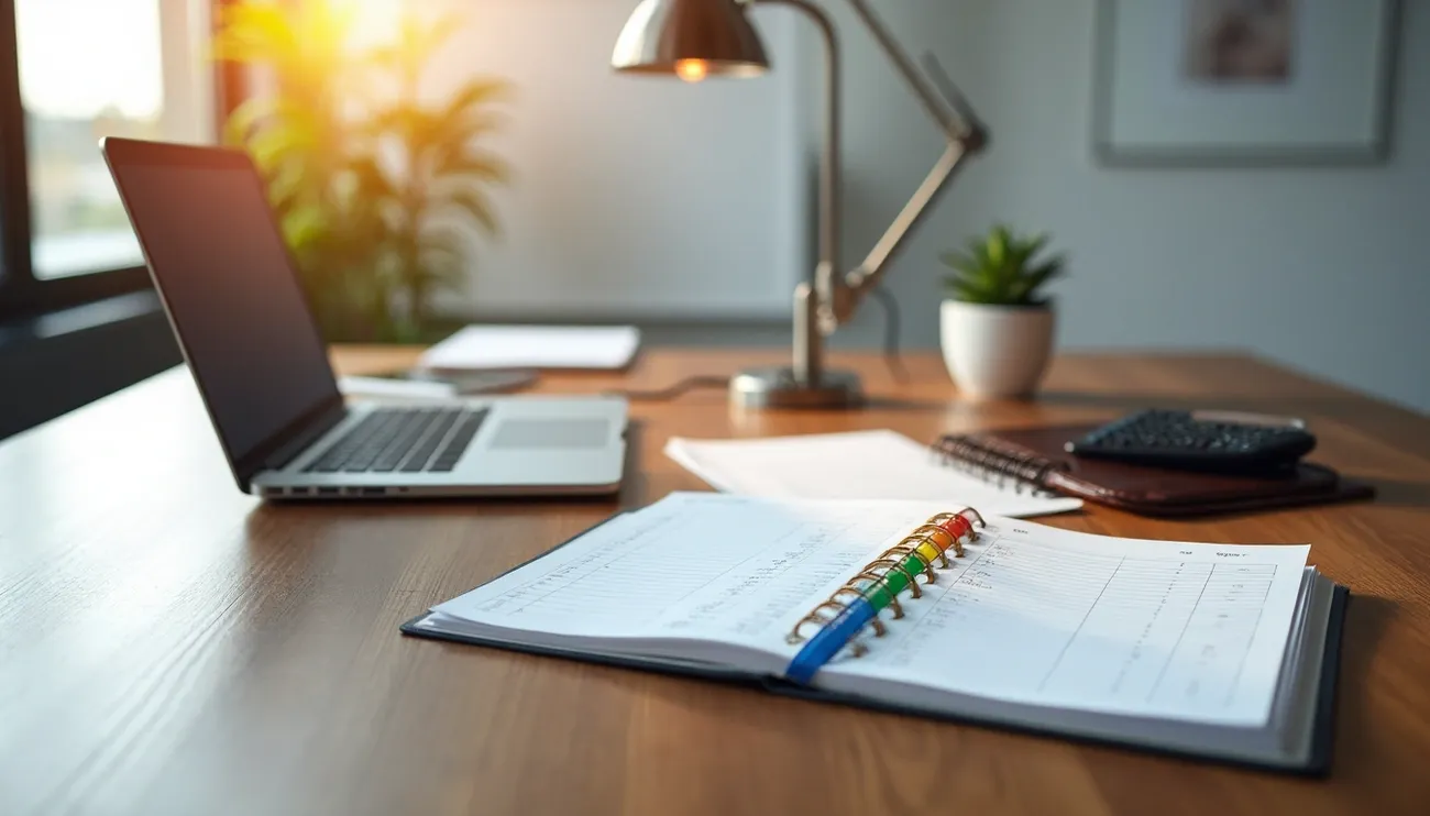 Open planner with colorful tabs on a wooden desk beside a laptop, lamp, and calculator in a bright office setting.