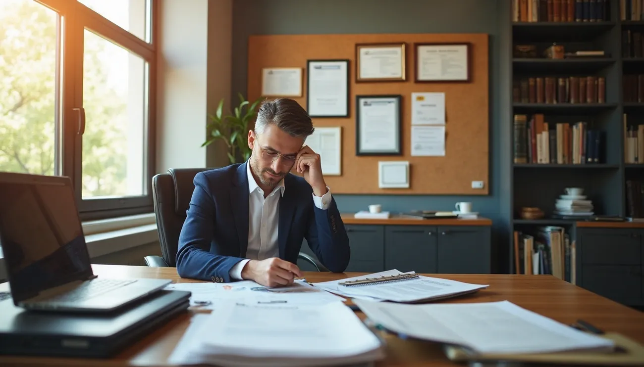 Business professional in a suit reviewing legal documents in an office with certificates and books in the background.