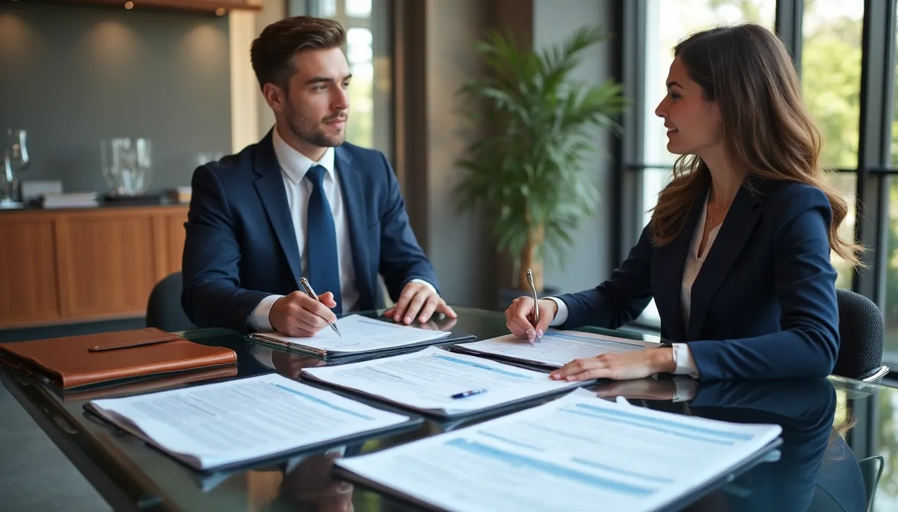 Two business professionals in suits reviewing and signing legal documents at a glass table in an office.