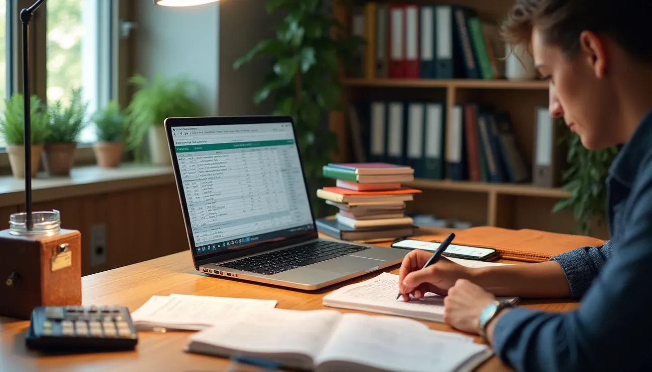 Person working on small business bookkeeping at a desk with a laptop displaying a spreadsheet, calculator, and notebooks.