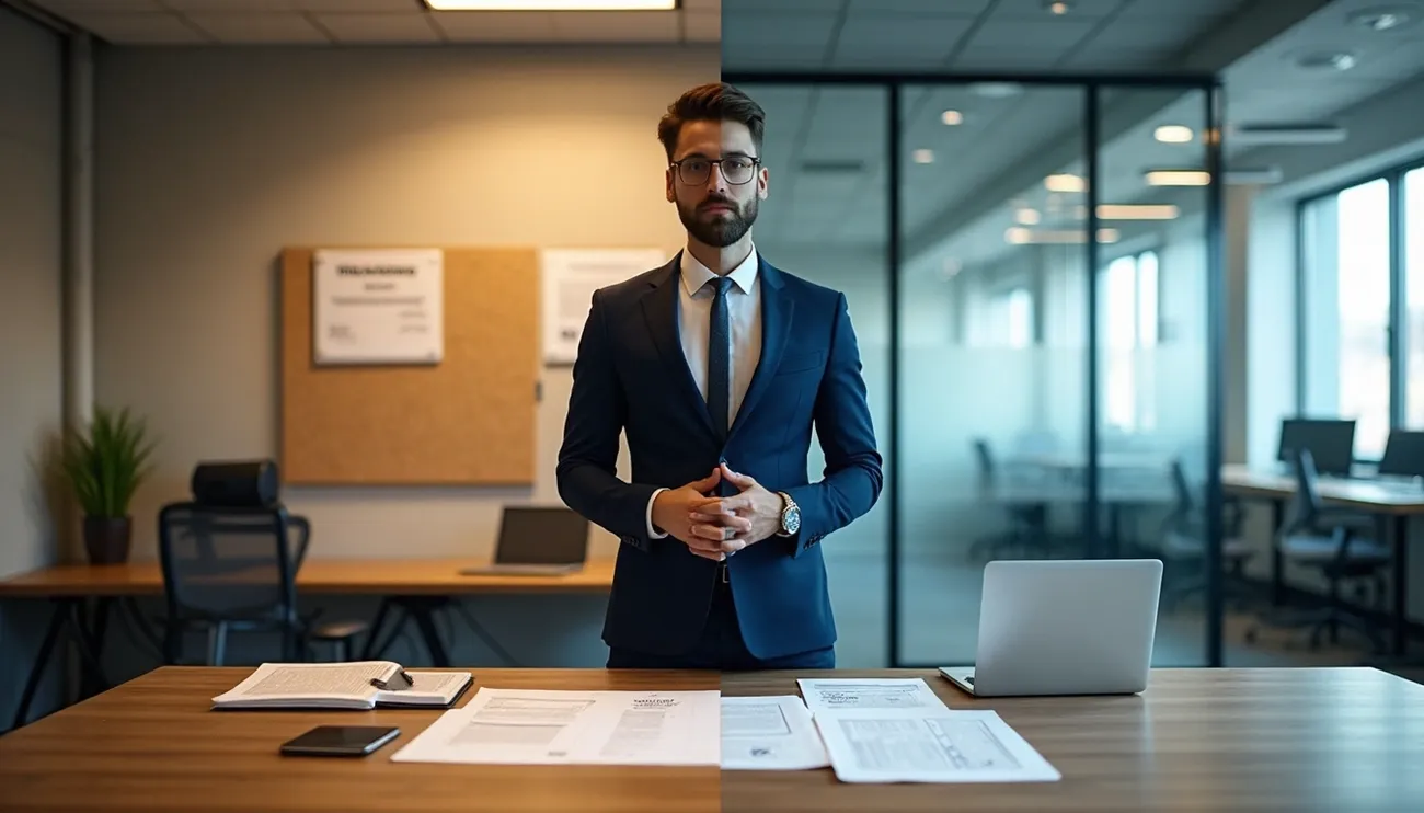 Business professional in a suit standing behind a desk with legal documents and a laptop in a modern office setting.